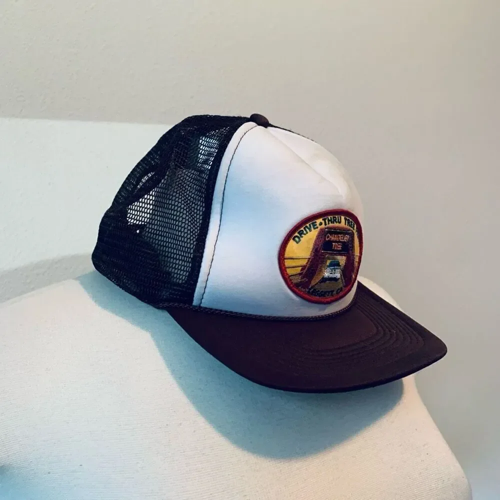 Vintage Brown Novelty Patch Graphic Mesh SnapBack Trucker Hat Rope